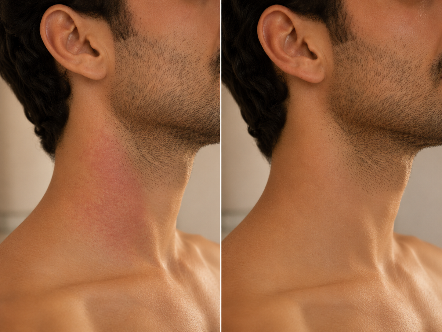 Before and after — irritated, red neck after shaving in hard water vs. calm skin after softened water