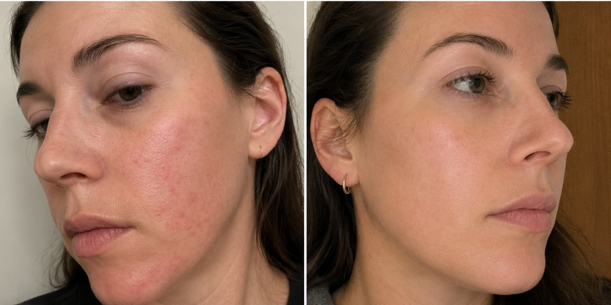 Before and after — irritated skin in hard water vs. calm skin after softened water