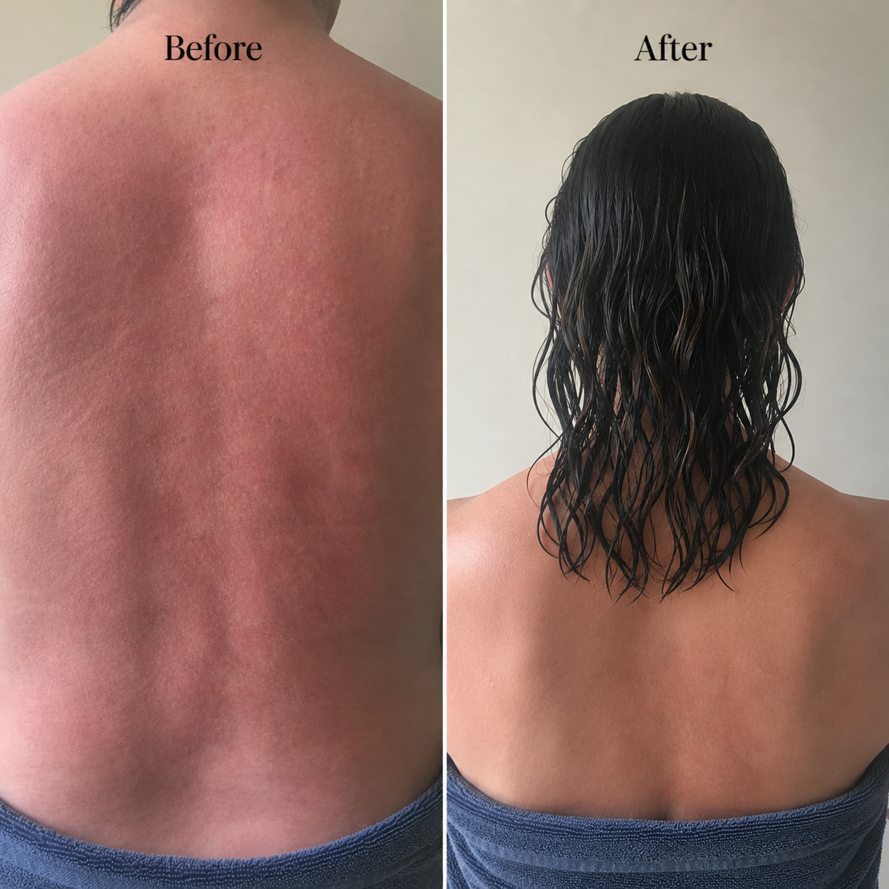 Before and after — scalp close-up showing mineral buildup from hard water versus a clean, healthy scalp after softening