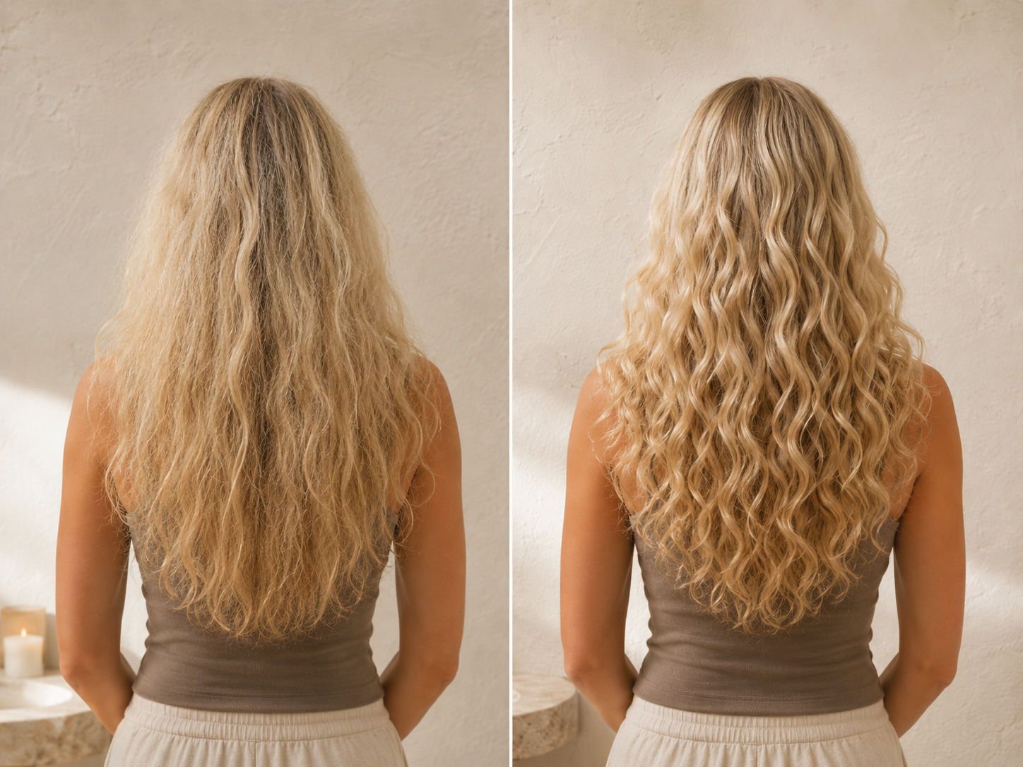 Before and after — the same blonde hair, frizzy and dry vs. defined soft curls