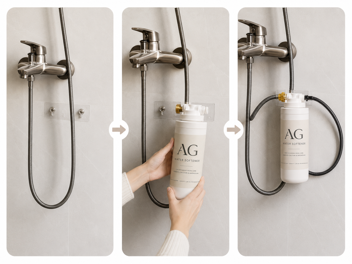Three-step install: mount bracket on shower wall, attach softener, connect hoses.