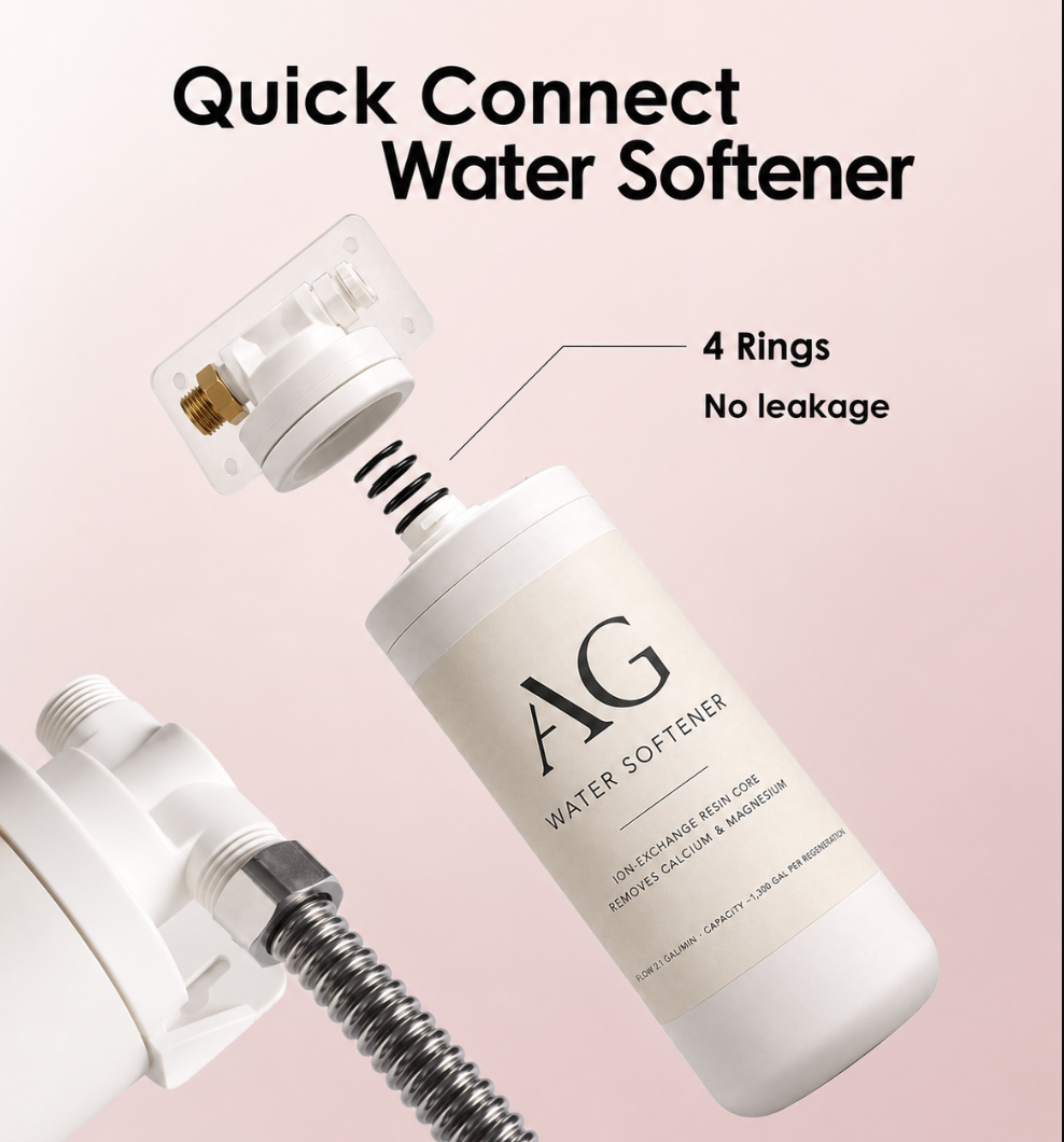 Portable water softener for shower installation on a standard shower arm