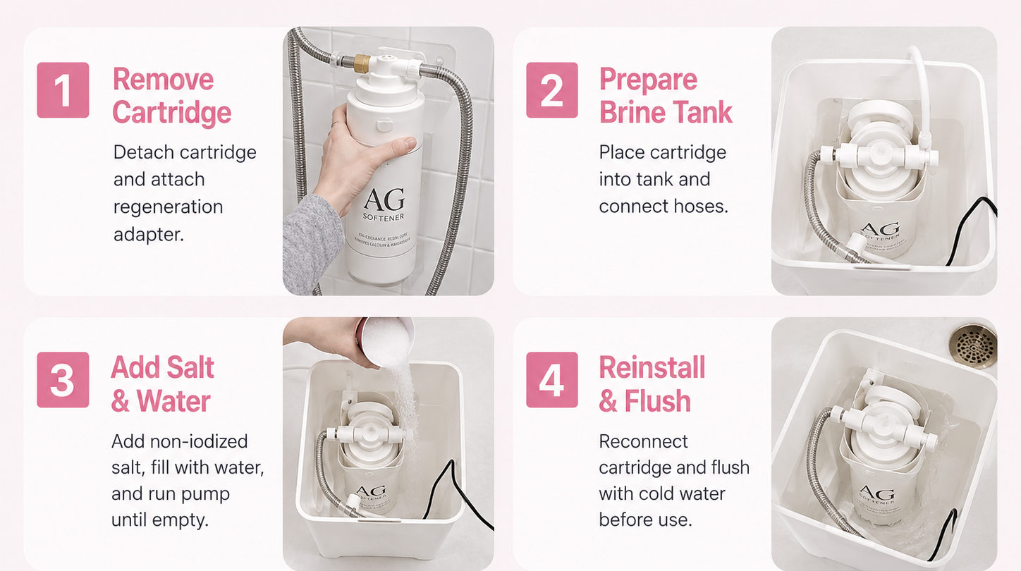 Four-step AG softener recharge with the included brine tank, about 30 minutes