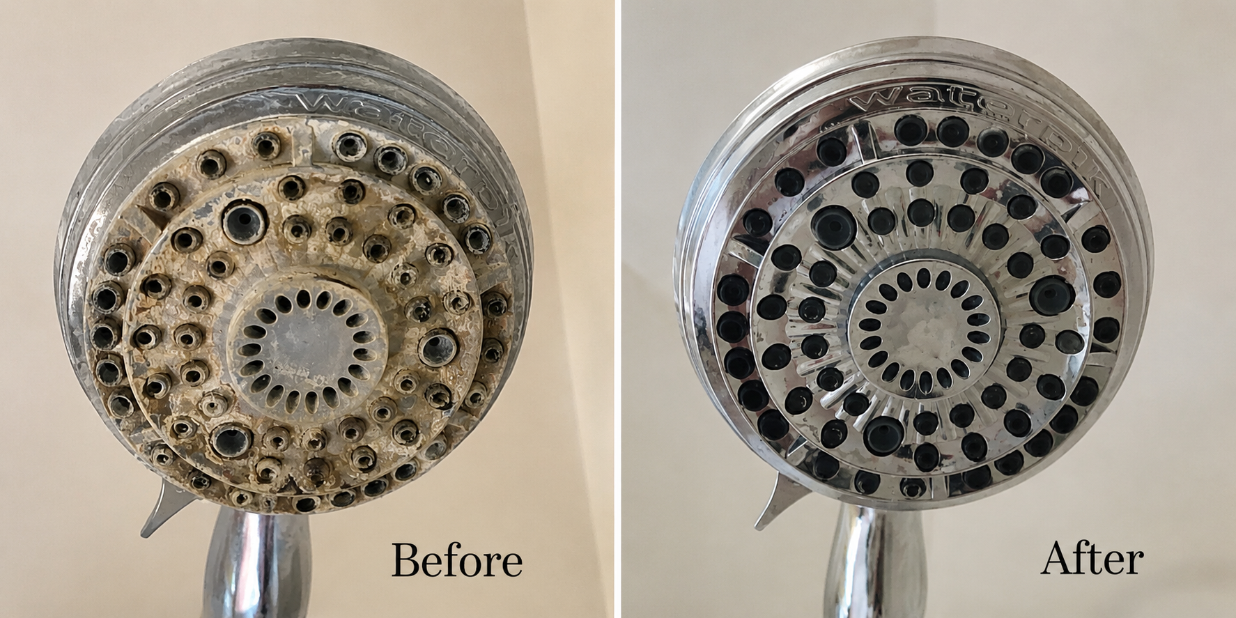 Before and after — a showerhead caked in hard-water mineral buildup next to the same showerhead after softened water