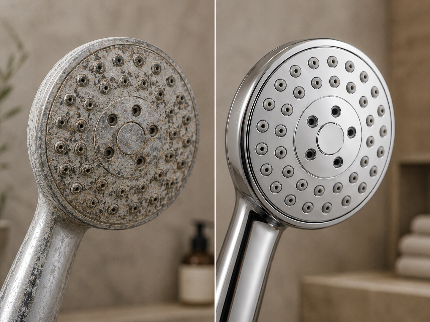 Before and after — a showerhead caked in hard-water scale next to a clean, softened one