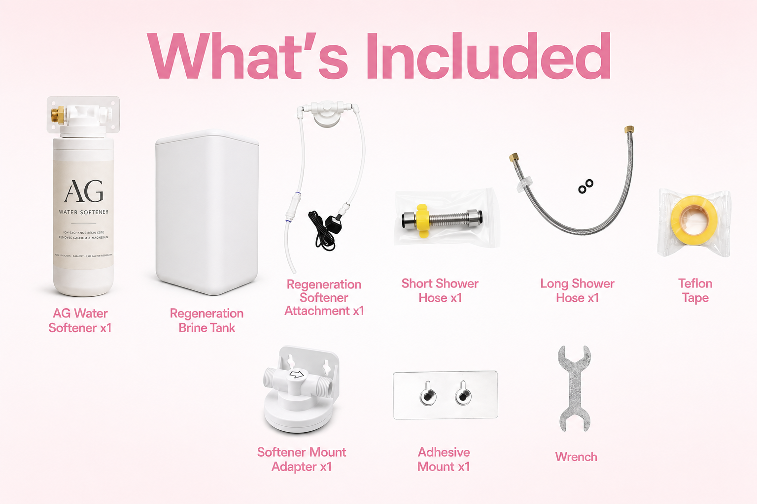Everything included with the AG Water Softener: softener, brine tank, regeneration attachment, hoses, mount, and tools